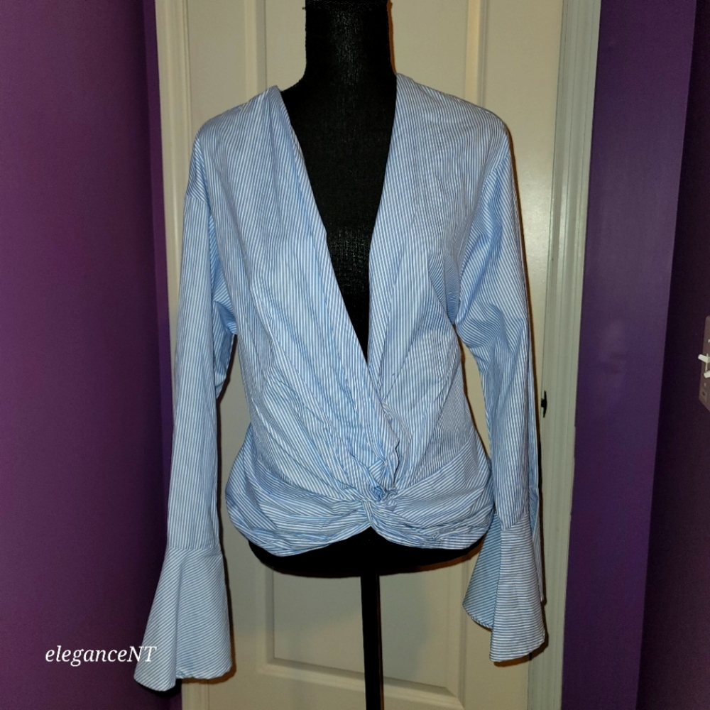 Fashion to Figure Blue/White Pinstripe knot Front L/S wrap shirt  Sz: 0X NWT